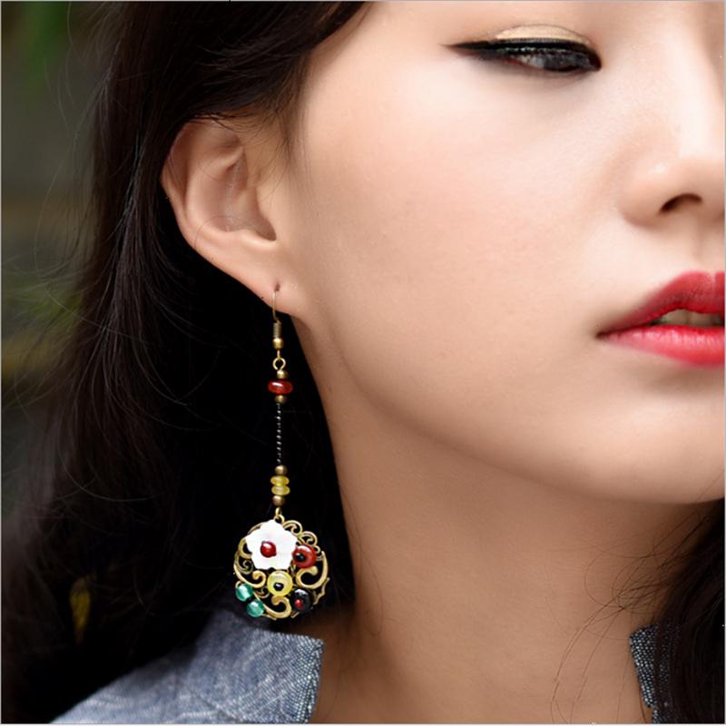 Retro Ethnic Style Shell Flower Handmade Beaded Long Section Pendant Hook Earring
