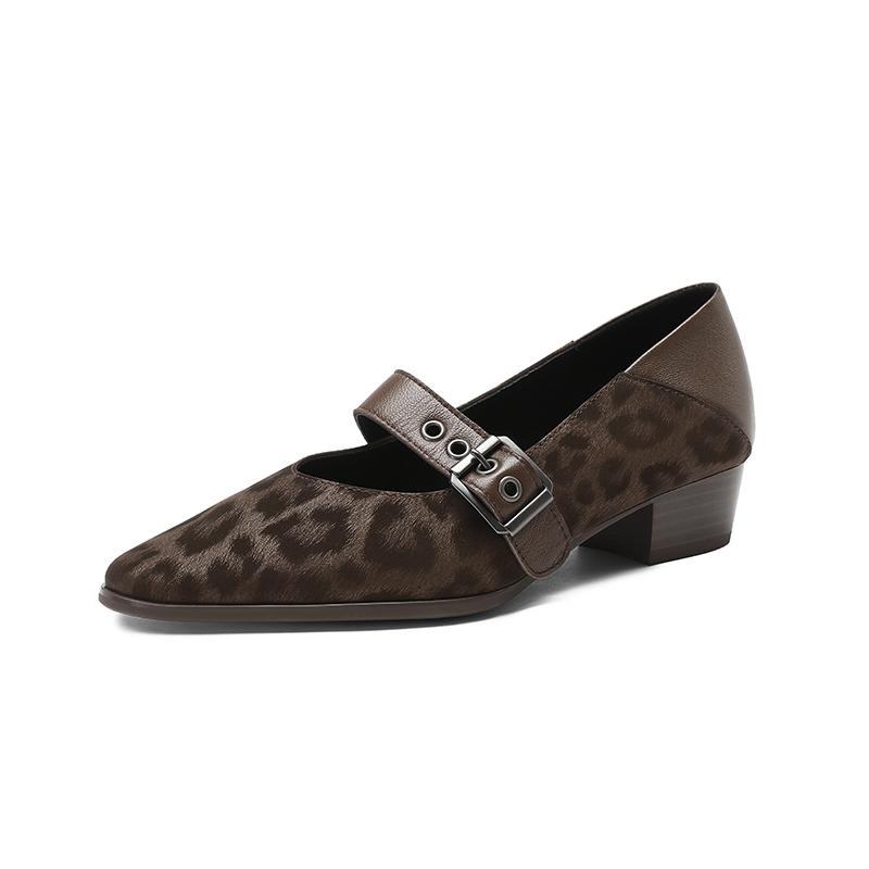 Fashion New Spring/summer Mary Jane Shoes Genuine Leather Shoes for Women Fashion Leopard Print Round Toe Shallow Women Pumps Low Heels