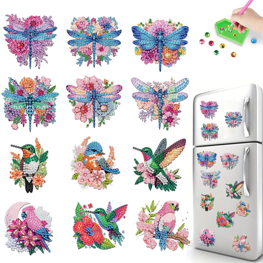 12PCS 2D Flat DIY Diamond Painting Refrigerator Magnet Round Diamond Crystal Refrigerator Magnet Diamond Art Kits for Home Decor