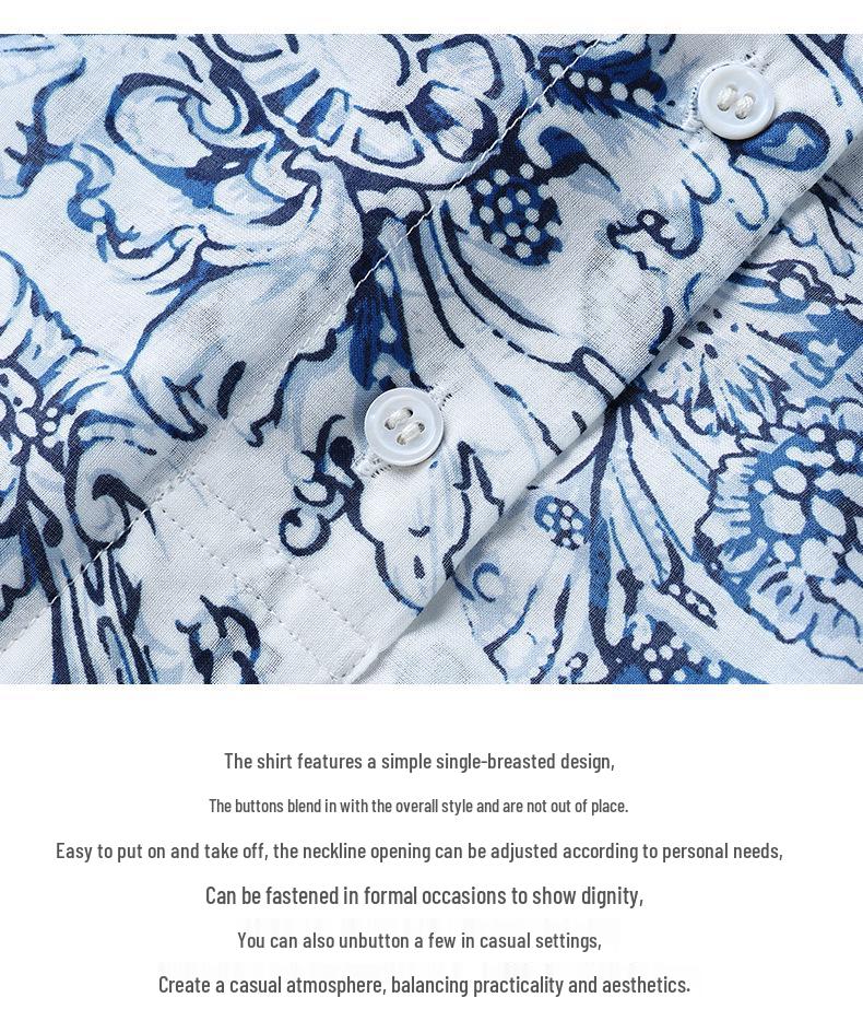 2026 Spring Women's Blue & White Porcelain Stand Collar Long Sleeve Shirt, Chinese Style, Slim Fit, Pure Cotton