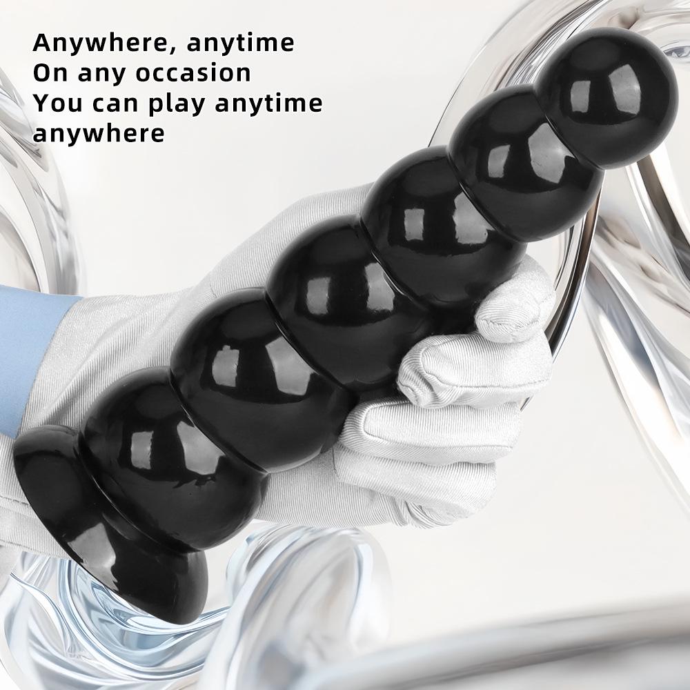 Six Beads Black Tower Suction Cup Anal Plug - Large Soft Pull Bead Dilator for Men and Women