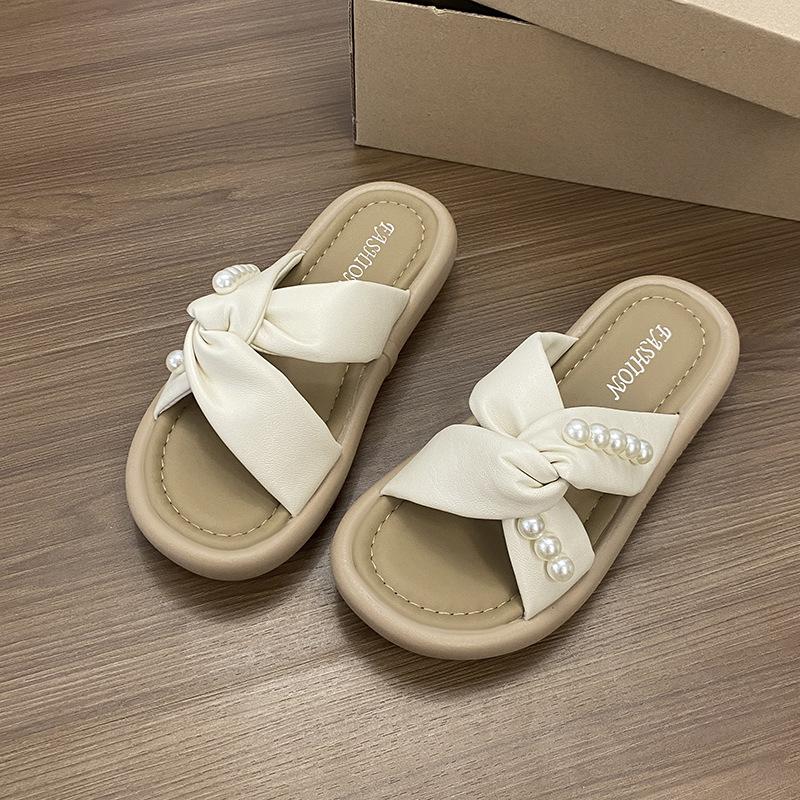 Thick-bottomed Pearl Slippers Women's Summer Wear 2025 New Versatile Fairy Style with Skirt Lazy One Pedal Sandals