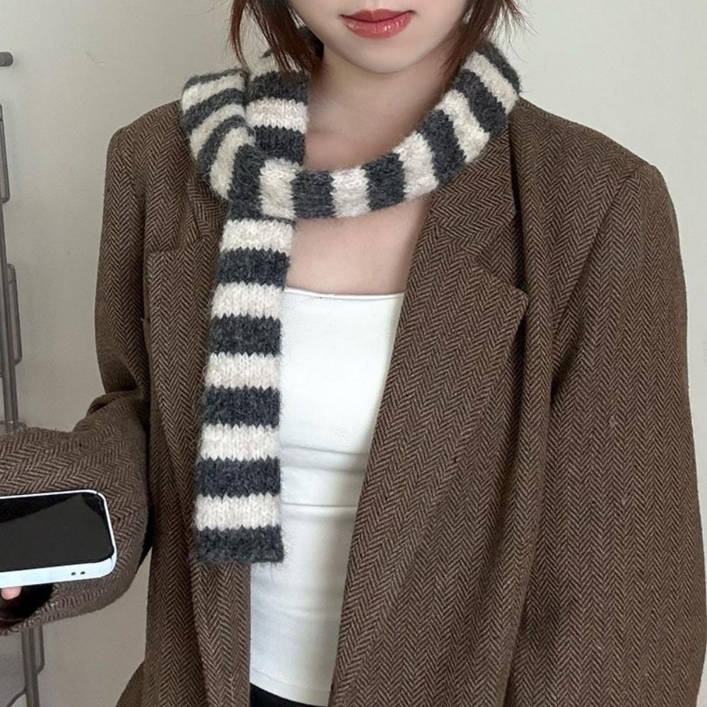 

Y2k Girls Black White Striped Knitted Scarf Long Scarf Winter Decorative Thickened Neck Warmer Scarves Daily Used сірий