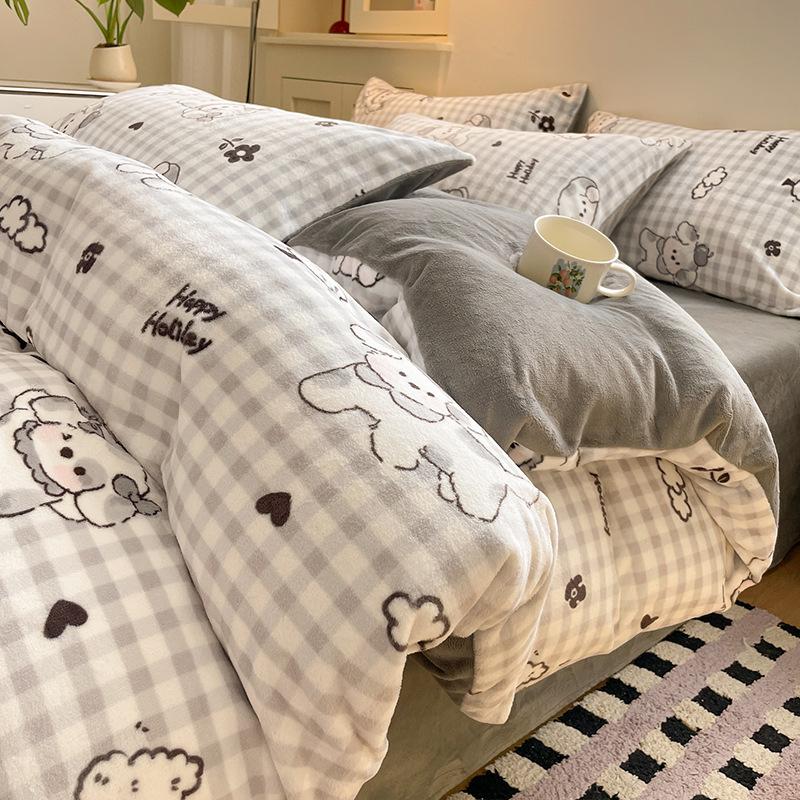 Thickened Milk Fleece Bed Four-Piece Set Warm Coral Fleece Bed Sheet Quilt Cover Three-Piece Bedding