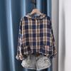 Plus Size Tops Cotton Yarn Plaid Blouses for Women Japan Fashion Long Sleeve Hooded Checkered Shirts Casual Hoodies