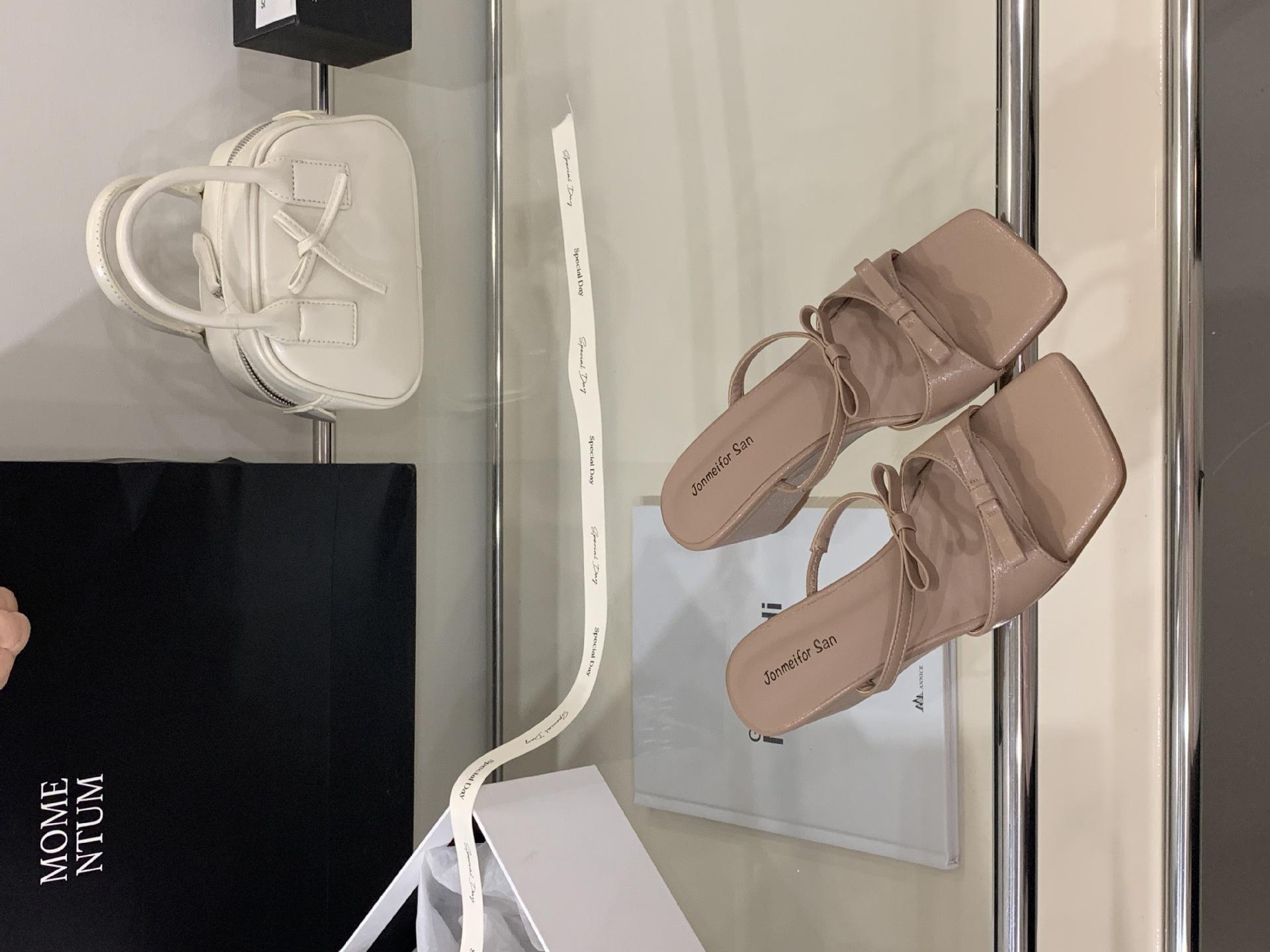 Wedge heel high heel bow French cool slippers 2025 summer new square head temperament sandals 35
