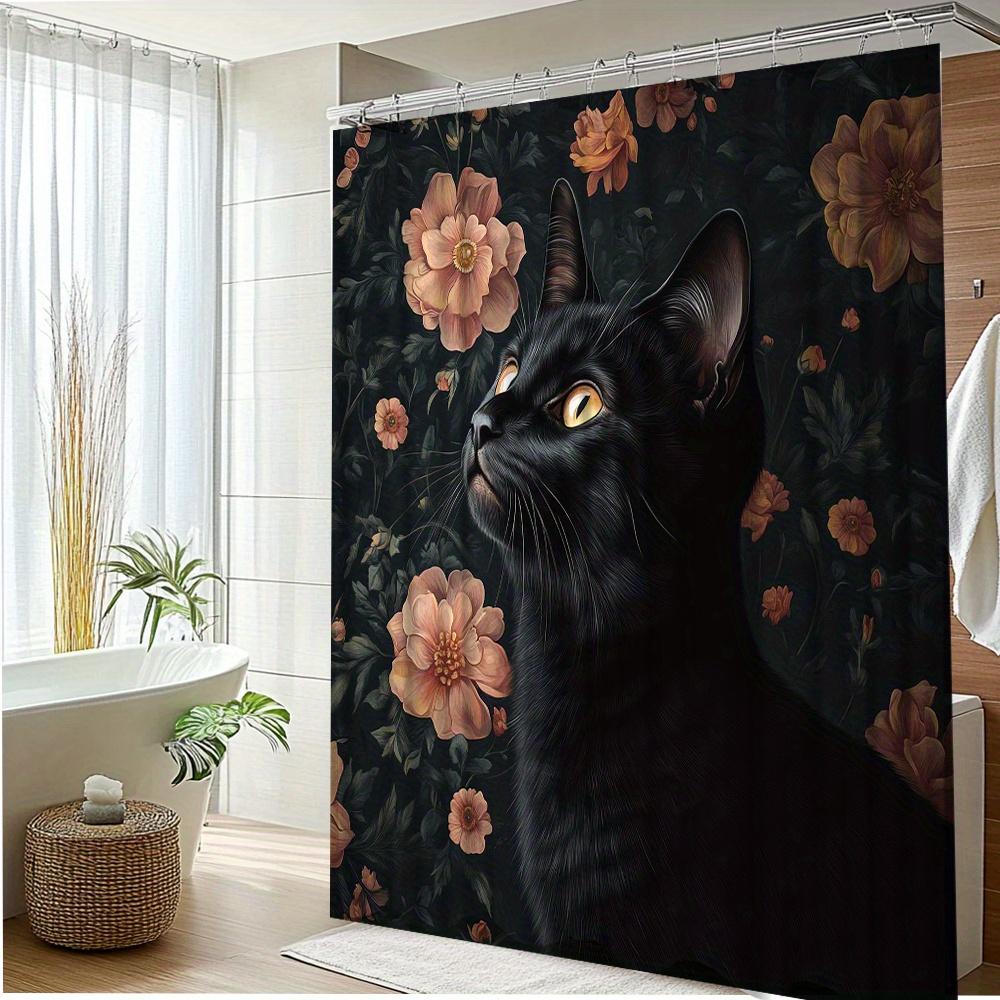 1Pc Elegant Black Cat Floral Shower Curtain - Botanical Forest Design With Vibrant Orange Pink Flowers, Polyester Fabric Bathroo