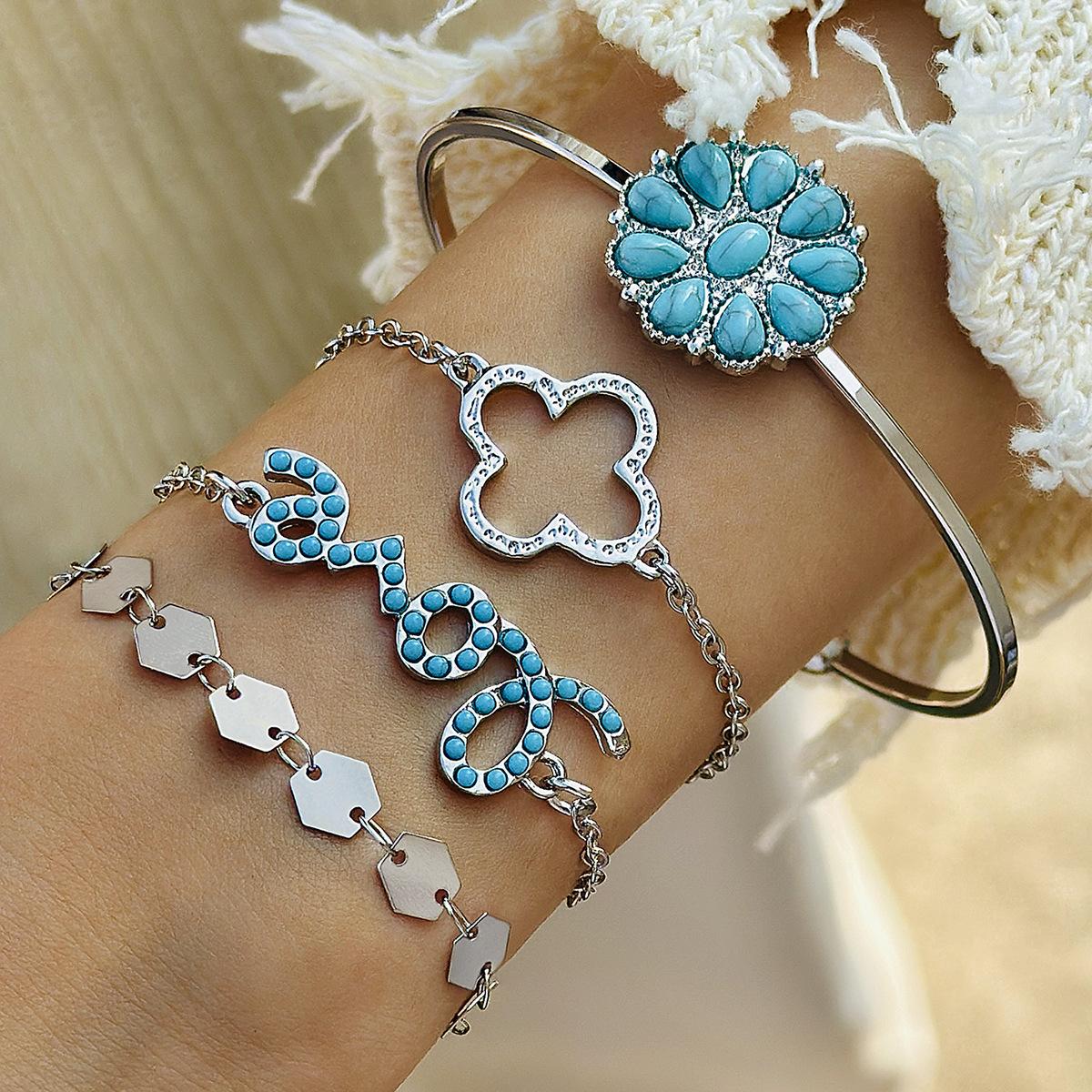 

5Pcs/Set Vintage Bohemian Turquoise Inlaid Bracelets Women Ethnic Style Flower Feather Cuff Bracelet Bangles Boho Jewelry