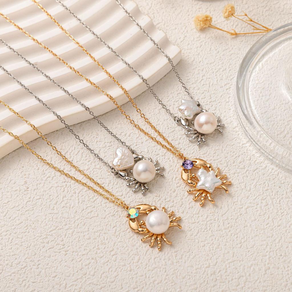 New Fashion Ocean Cute Crab Zircon Pearl Pendant Necklace