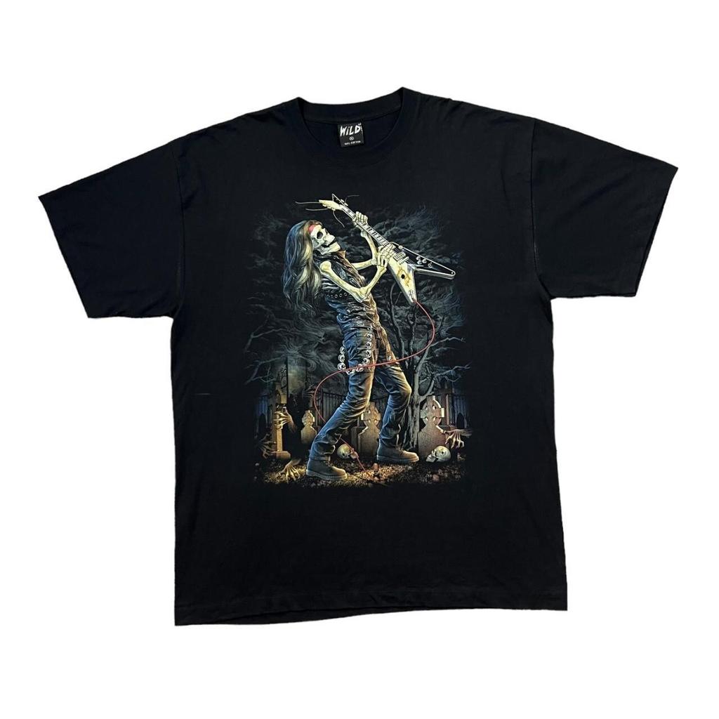 Early 00 WILD Gothic Fantasy Skeleton Guitarist Music Graphic T-shirt XL