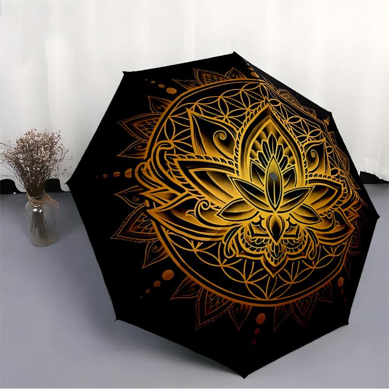 1pc Lotus Mandala Automatic Folding Umbrella - Design, Durable Iron Frame for Travel, Outdoor, Beach Fashion Accessory a0920047