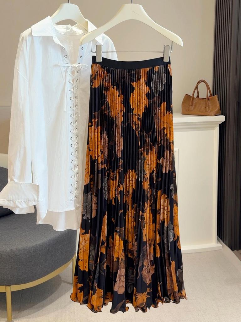 Women's High-End Retro Print Pleated A-Line Skirt for Spring and Summer