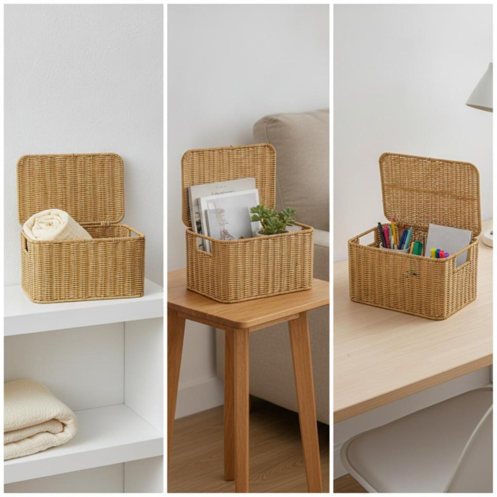 Wicker Storage Basket with Lid Rectangular Woven Space-Saving