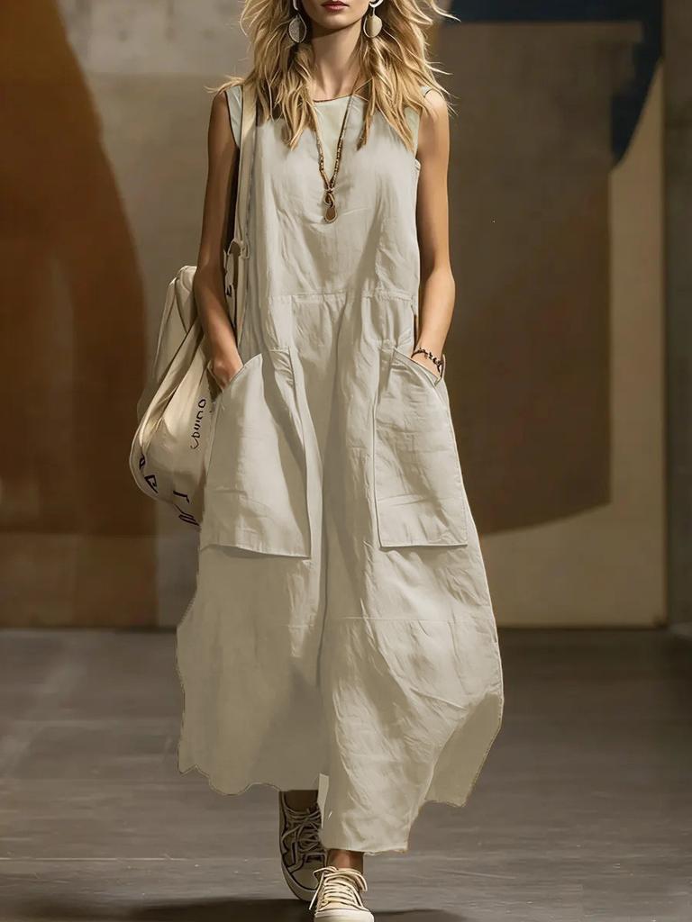 European and American independent station spring and summer new loose sleeveless three-dimensional pocket cotton and linen dress