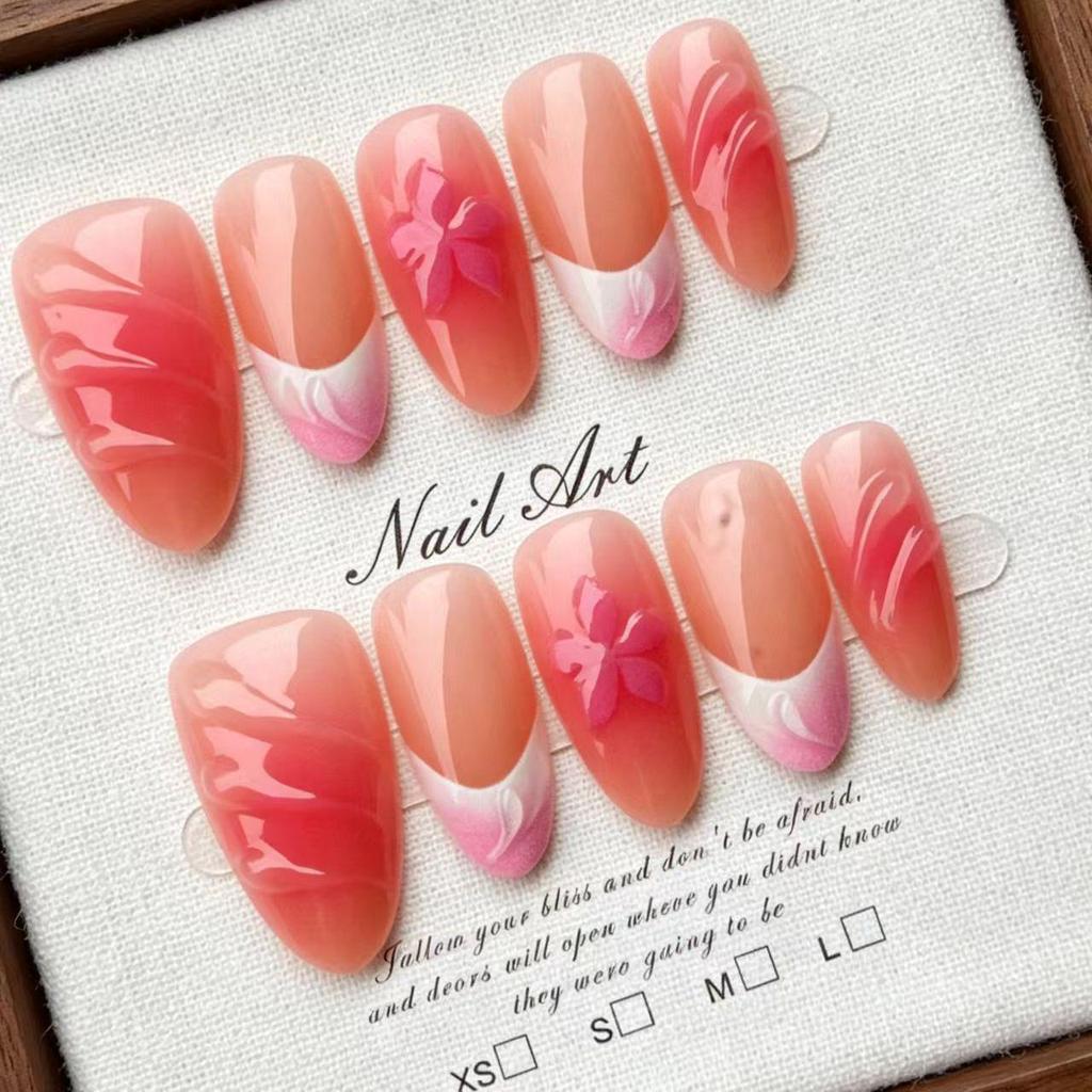 Gradient Flower French Cat Eye Press-On Short Nails - High-End Detachable Nail Art Tips