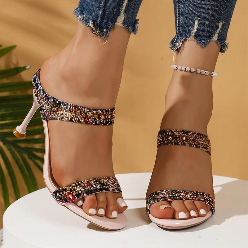 Shiny Crystal High Heels Sandals for Women Plus Size Light Comfort Mixed Colors Slippers 2026 Summer Casual Thin Heeled