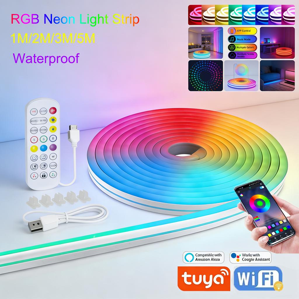 LED Neon Rope Lights with App/Remote Control 5V Music Sync Waterproof Flexible DIY Design RGB Strip Lights for Bedroom Party