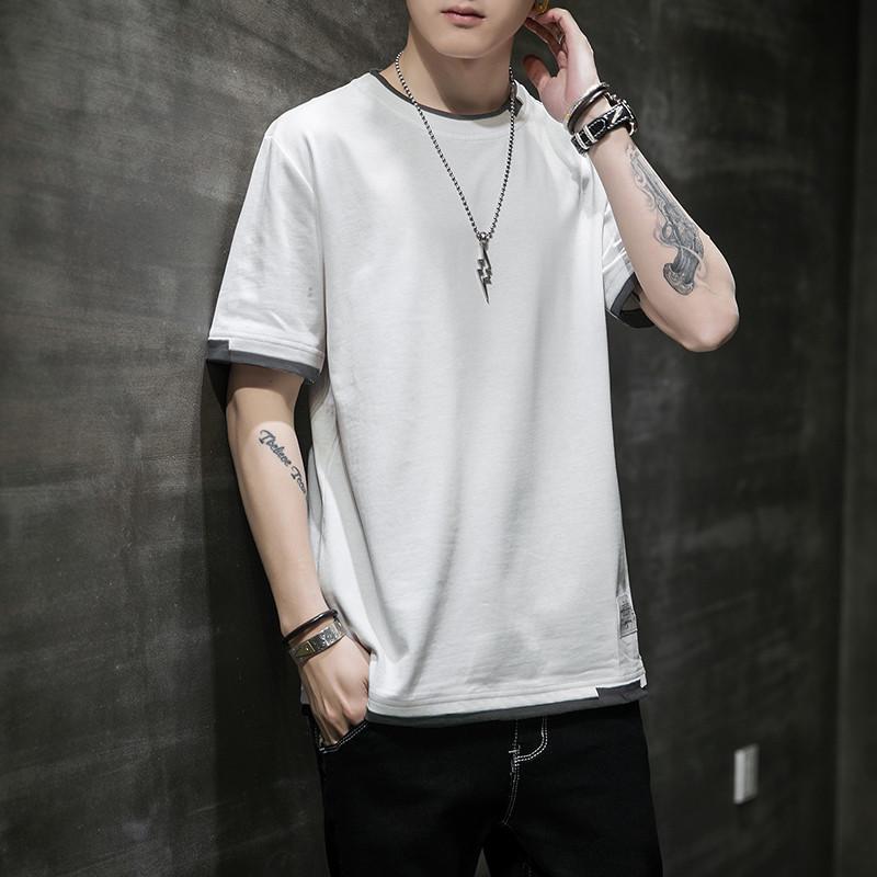 Men's Short-Sleeve Two-Piece Look Cotton T-Shirt, Loose & Breathable Hong Kong Style, Comfortable Spring/Summer Casual Innerwear Trend