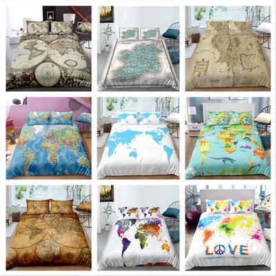Cama de solteiro com padrão de mapa mundi 3D, fronha de casal e capa de edredom 2 ou 3 tecido de microfibra, decoração confortável para casa