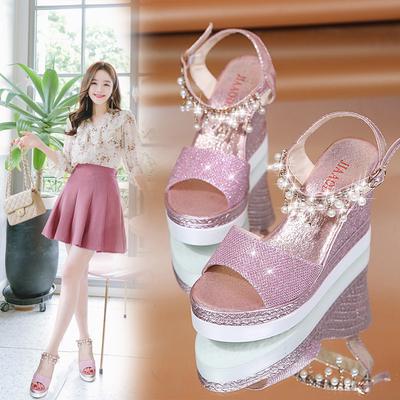 Women High Heels Shoes Wedges Pearl Crystal Sandals