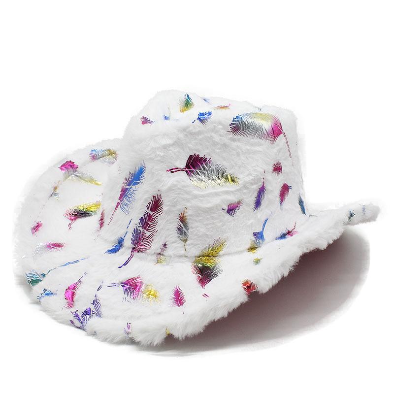 

Зимняя шляпа в рождественском стиле, шляпа для выступлений на сцене, высококачественная ковбойская шляпа с деформированным краем из золотистого шелка и перьями в виде снежинок M（56-58cm）