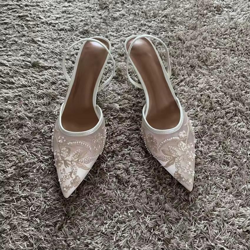 Síťované Vyšívané Tenké Sandály na Vysokém Podpatku Dámské Letní Sexy Slingback Špičaté Lodičky Společenské Boty
