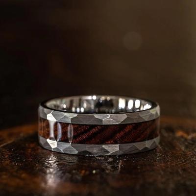 8MM  Hammered Silver Color Men Stainless Steel Rings Koa Wood Rings for Men Wedding Band Jewelry Party Ring Dropping Ship