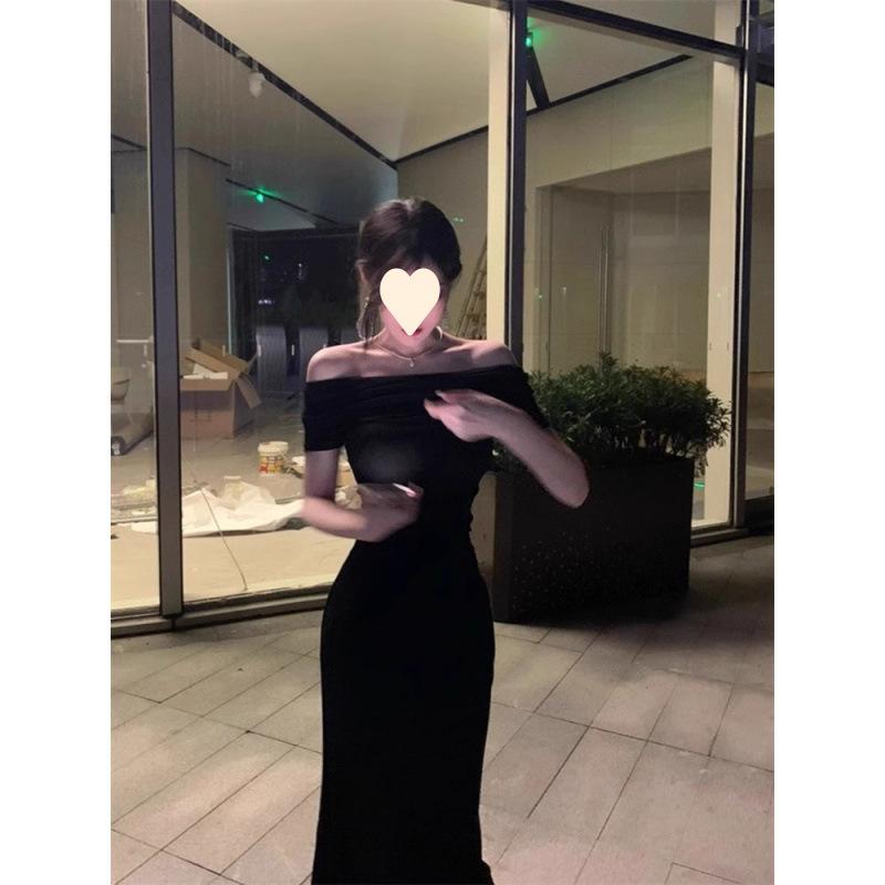 black one-word neck dress for women's summer temperament, slim and thin, waist pinched, hip wrapped long skirt