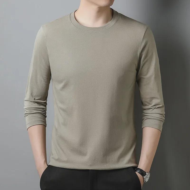 Men's 100% Polyester Long-Sleeve Round Neck T-Shirt - Solid Color, Casual & Versatile for Spring & Autumn.