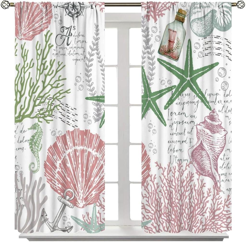 Nautical Ocean Beach Curta,Pink Green Seashell Starfish Coral Coastal Cafe Curta Marine Window Treatment Drapes Home Decor