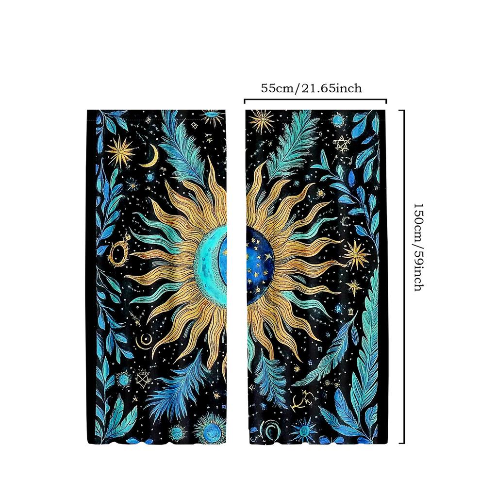2pcs Astrology-Themed Blackout Curtains, Moon Phase & Feather Print, Polyester Drapes in Blue and Black, Bedroom Curtains|Moon P