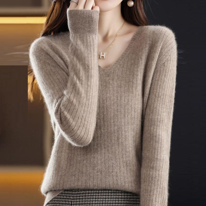 Slim Fit Dámské Pulovry Svetry Spodní topy Podzim a Zima Nový Pletený svetr s výstřihem do V Dlouhý rukáv Jednobarevné Pleteniny Oblečení 28502