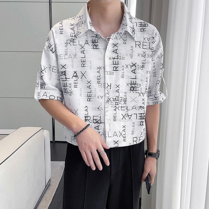 

Men s Clothing Letter Printed Shirts Casual Turn-down Collar Summer New Short Sleeve Fashion Single-breasted Korean Loose Shirts L білий