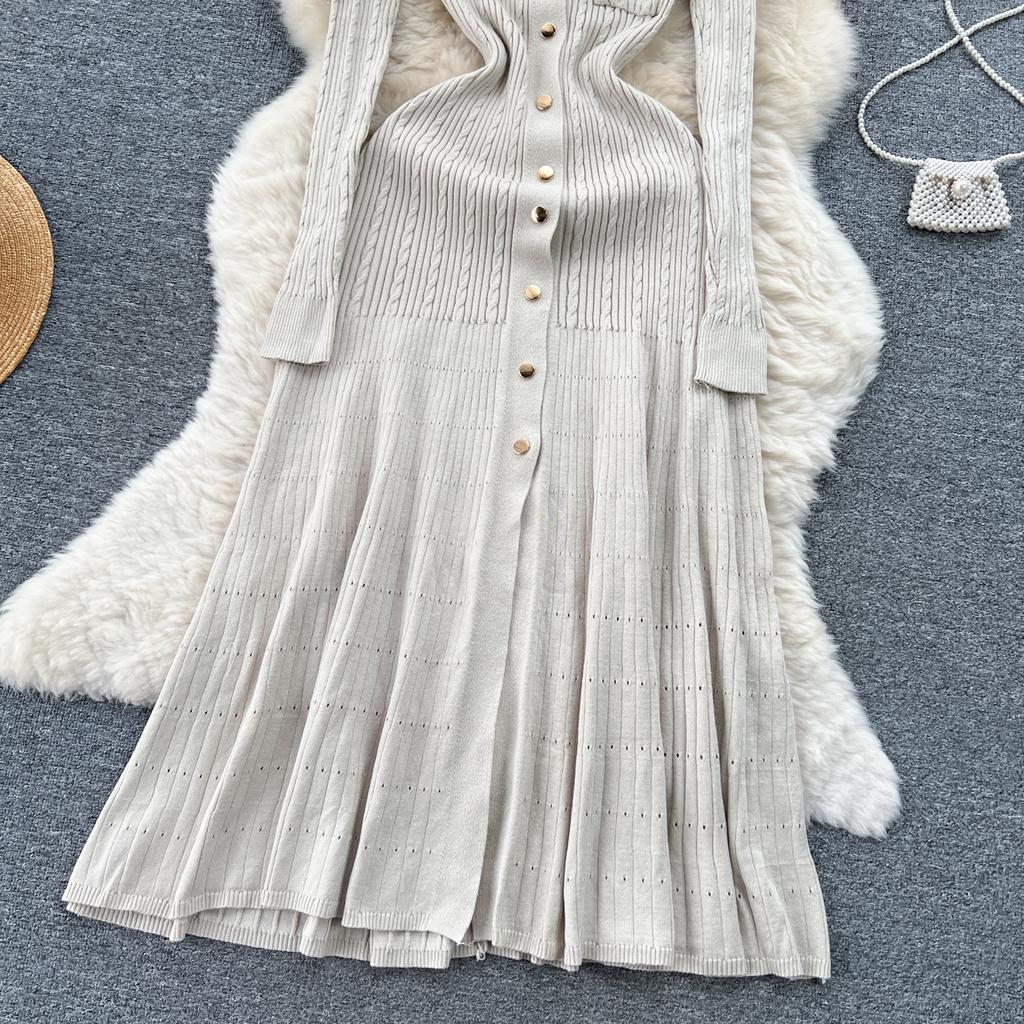 Autumn Winter Wear Embroidery Letter Knitted Sweater Dress Women Polo Single Breasted Designer Temperament Long Dresses