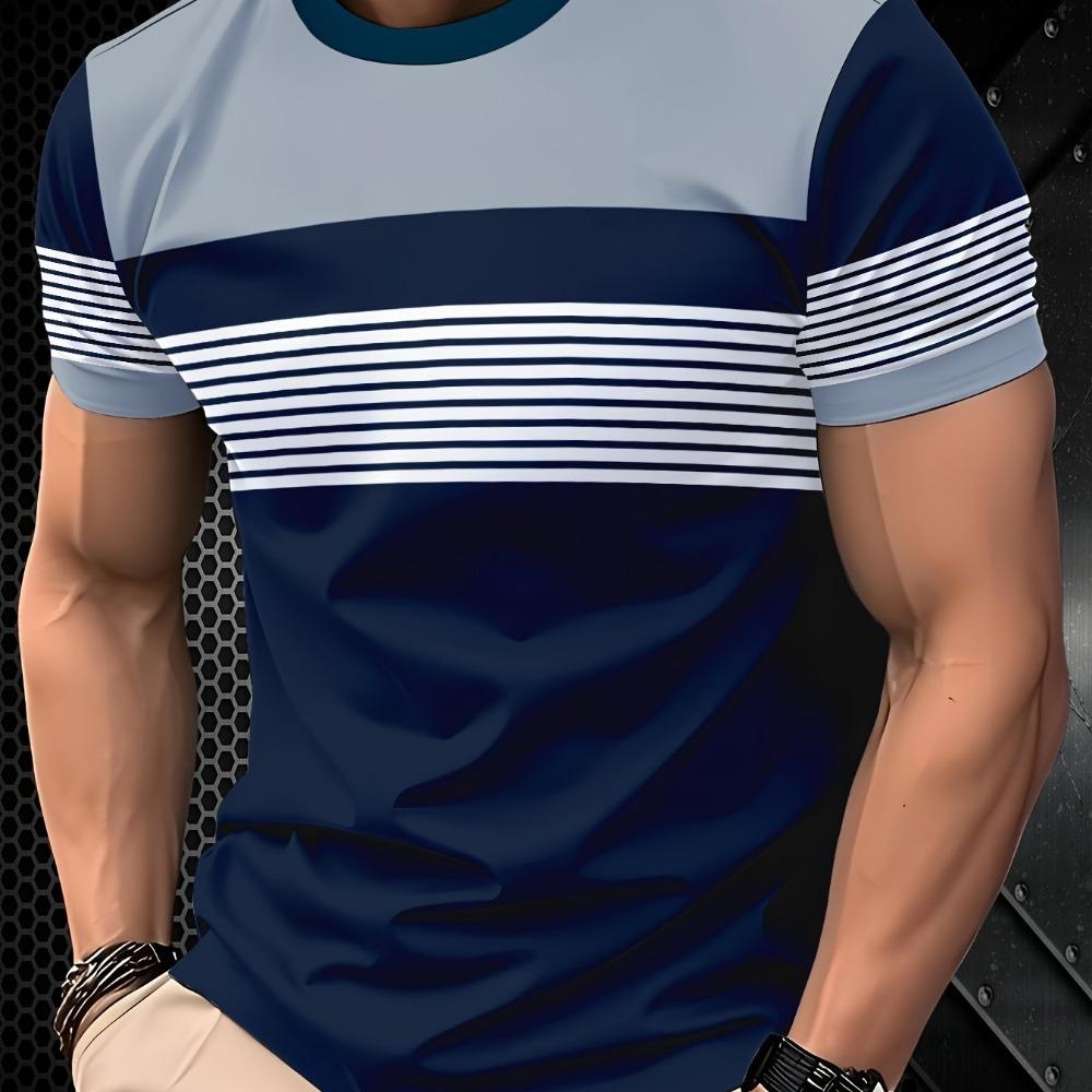 Oversized T-shirt for Men and Children, Summer Fashion Casual Round Neck Short Sleeved Top, Striped Printed Men's T-shirt