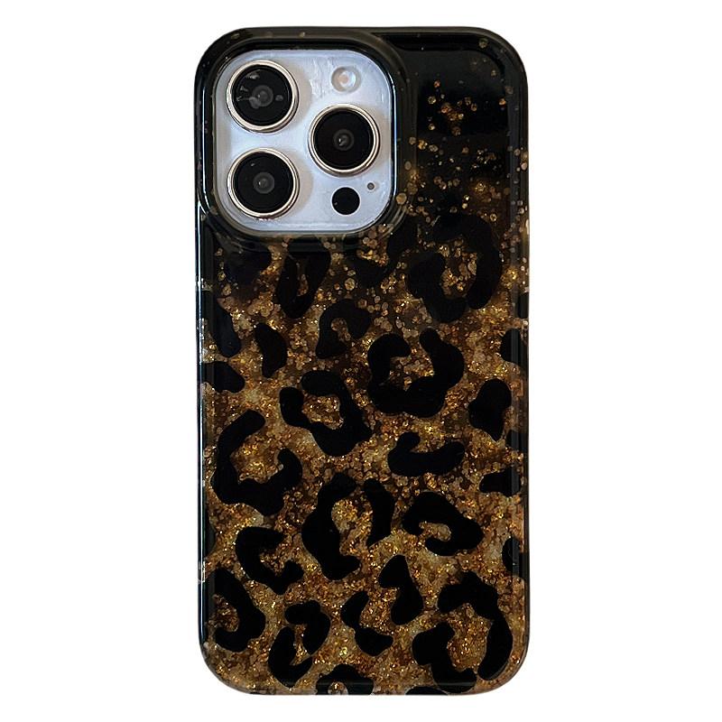 Fashion Retro Bling Glitter Leopard Print Case For iPhone 17 Pro Max Air 13 14 15 16 Glossy Bright Shiny Gold Foil Phone Cover