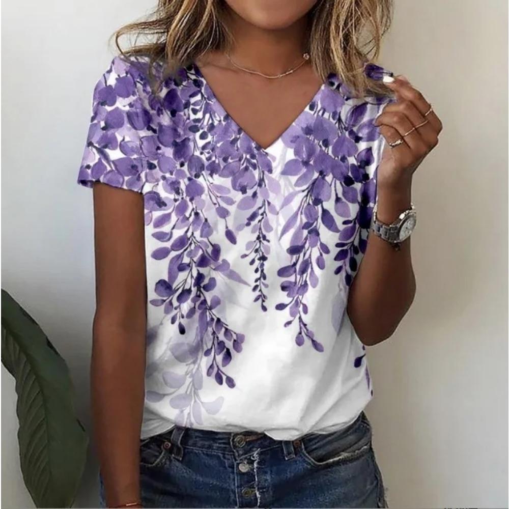Summer New Style Floral 3D Print Casual V-Neck Women Short Sleeve Comfortable Polyester Fiber Fashion