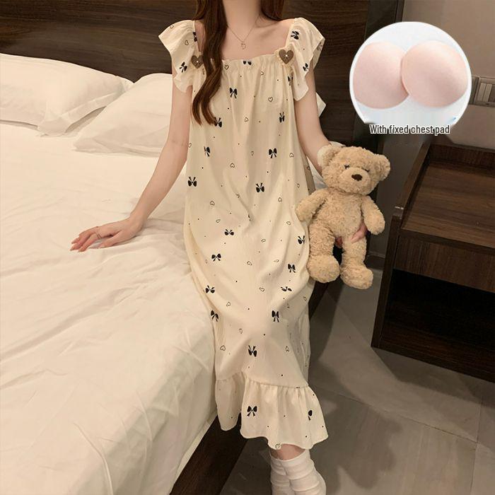Women's Sweet Fairy Style Thin Cloud Cotton Camisole Nightgown with Built-in Bra for Indoor and Outdoor Wear
