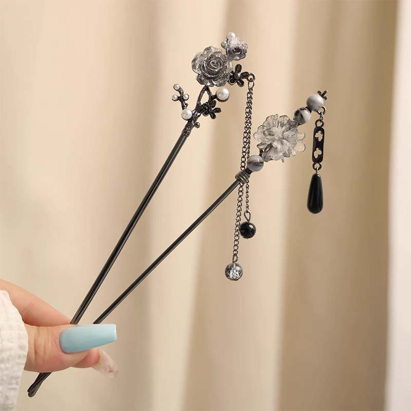 Bastoncino per Capelli con Nappa a Fiore d'Inchiostro in Metallo Vintage per Donne Moda Perline Rotonde Frangia Fermaglio per Capelli Hanfu Gioielli per Capelli Accessori
