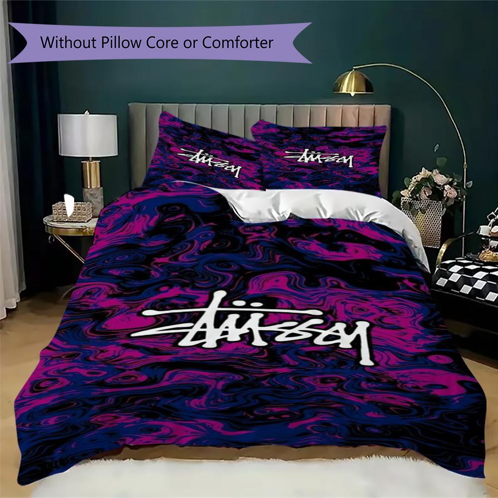 Purple Swirl Marble Logo 3Pcs Bedding Set, Psychedelic Fluid Background 3Pcs Bed Decor Set