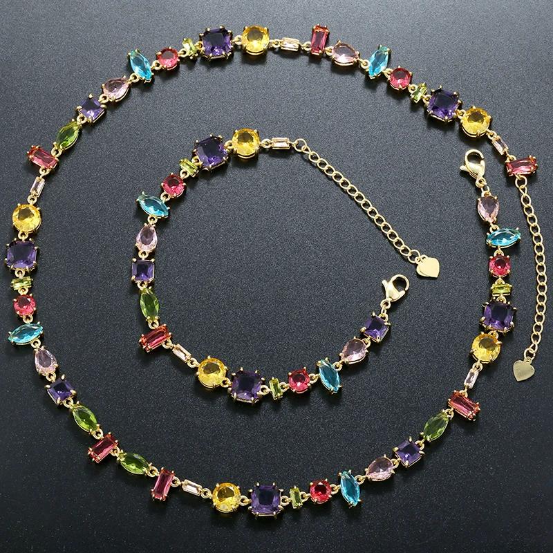 ZHUKOU Golden Plated Colourful Crystals Elegant Collarbone Necklace Ladies Beaded Bracelet Ladies Jewellery:VL585 VL586