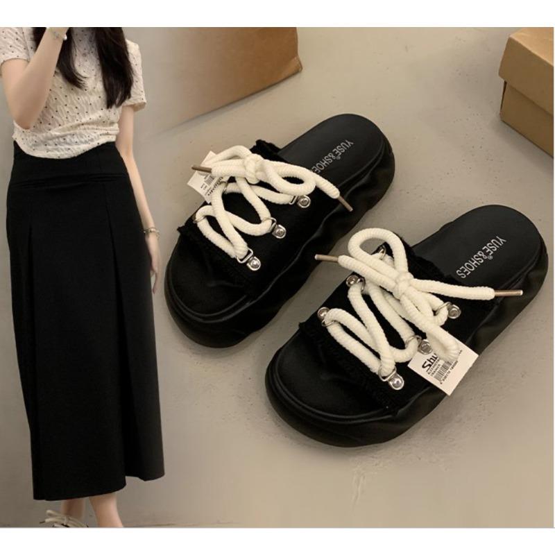 Mode Damen Cowboy Hausschuhe Schnür-Flache Sandalen Plateau Freizeitschuhe 2025 Trend Komfort Sommer Offene Zehen Mujer Pantoletten