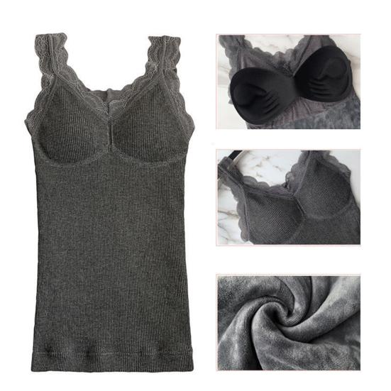 Women Vest V-Neck Sleeveless Padded Underwear Vest Solid Color Lace Trim Elastic Bottom Vest Winter Daily Wear