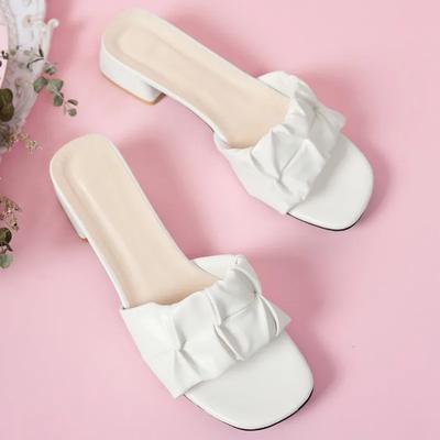 Women Summer New Chunky Heel Slippers Fashion Pleated Square Toe Green Orange Women Sandals Casual Elegant Ladies Dress Sandals