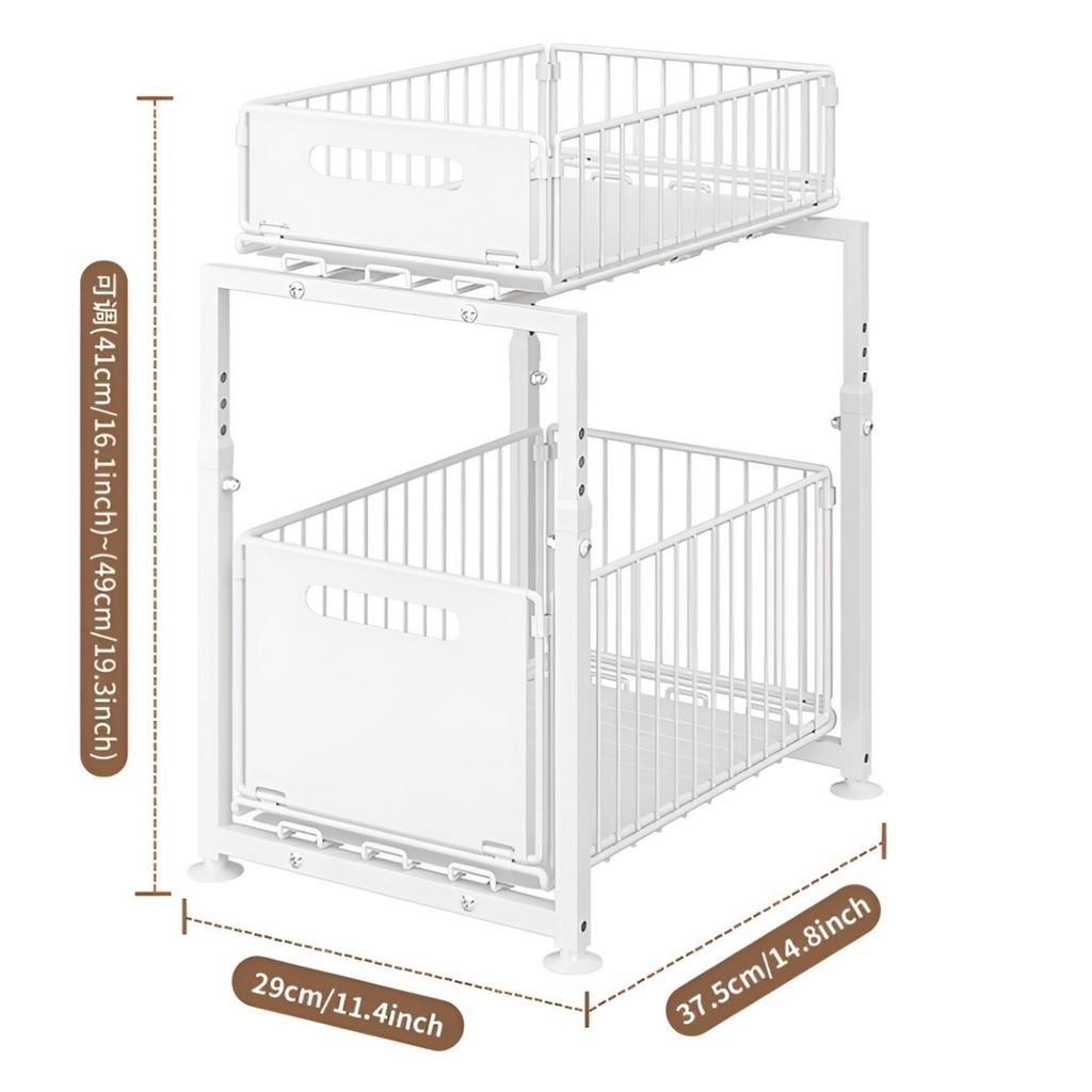 Double Drawer Sink Storage Rack Adjustable Height Household Sliding Cabinet Basket Space Saving Kitchen Storage Rack