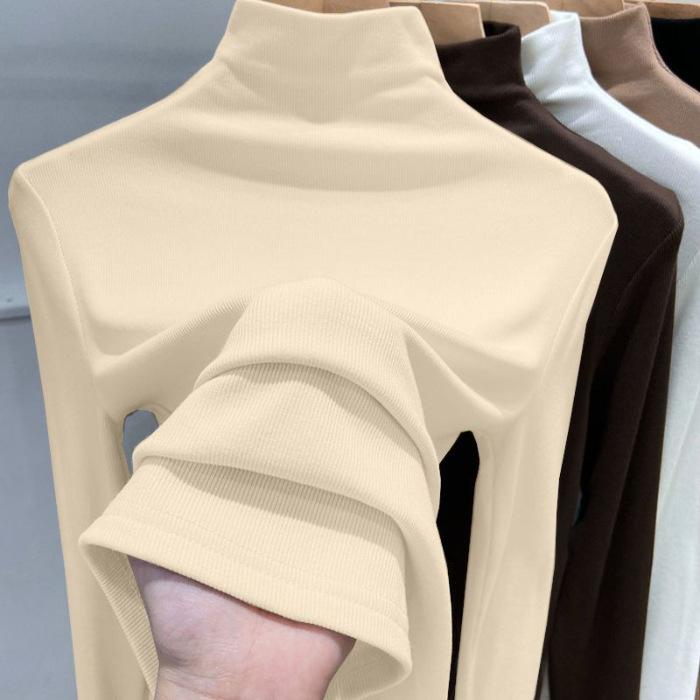 

Женский базовый топ с рубчиком и полувысоким воротом, футболка с длинным рукавом, модная для весны, осени и зимы, облегающего кроя, термотоп из Dralon M абрикосовый