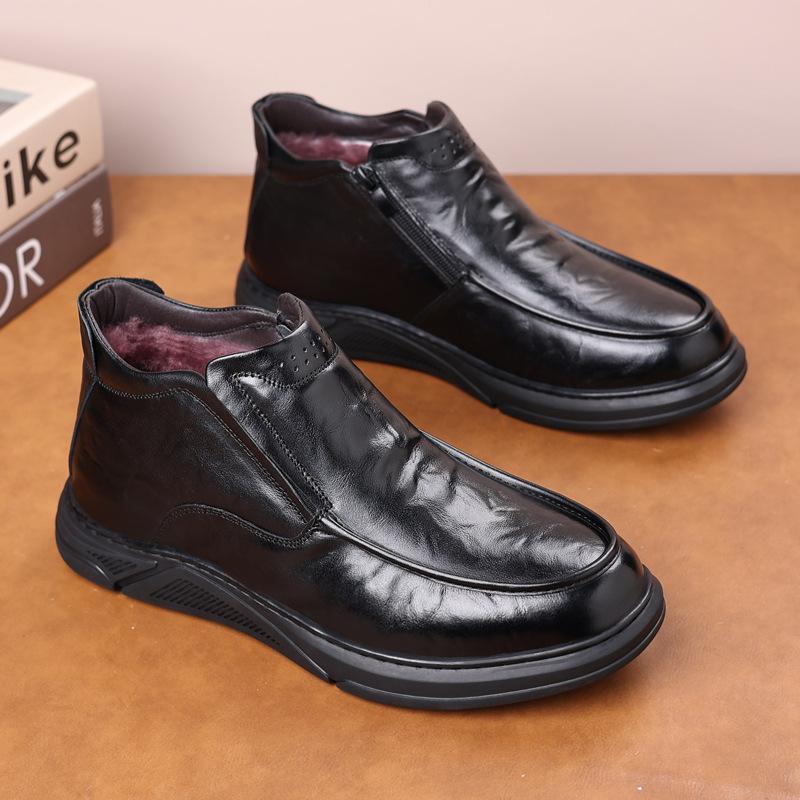 First layer cowhide winter men's cotton shoes genuine leather wool warm middle-aged leather boots velvet dad men's Northeast men's shoes