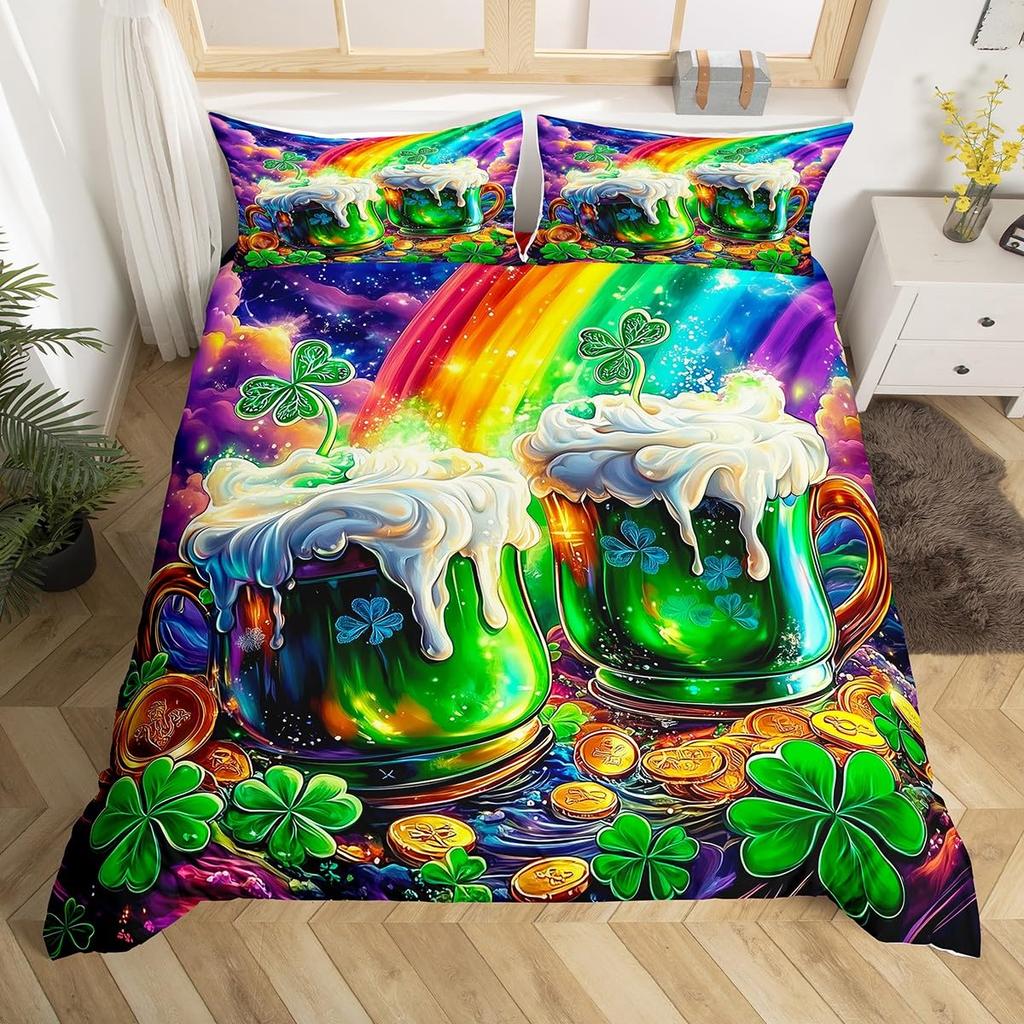 St.Patrick'S Day Duvet Cover Twin Queen Lucky Clover Leaves Bedding Set For Boys Girls Cartoon Comforter Cover With 2 Pillowcase