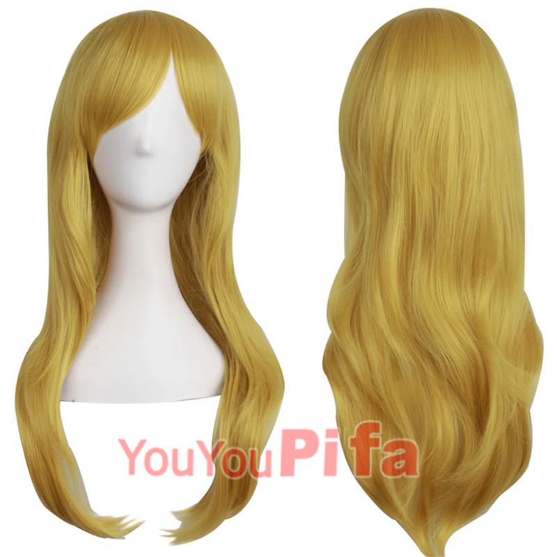 Long Curly Cosplay Wig for Women - 70cm, Gold/Pink/Blue, Realistic Full Wig with Headband