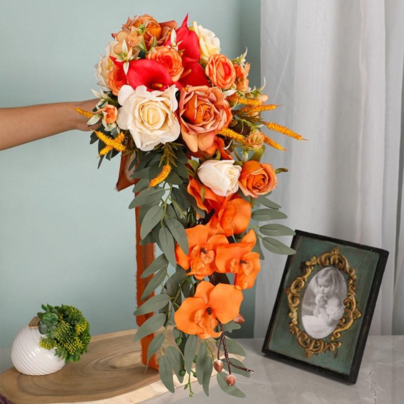Exquisite Waterdrop Design Autumn Orange Flower Handheld Artificial Bouquet for Home Decoration and Events